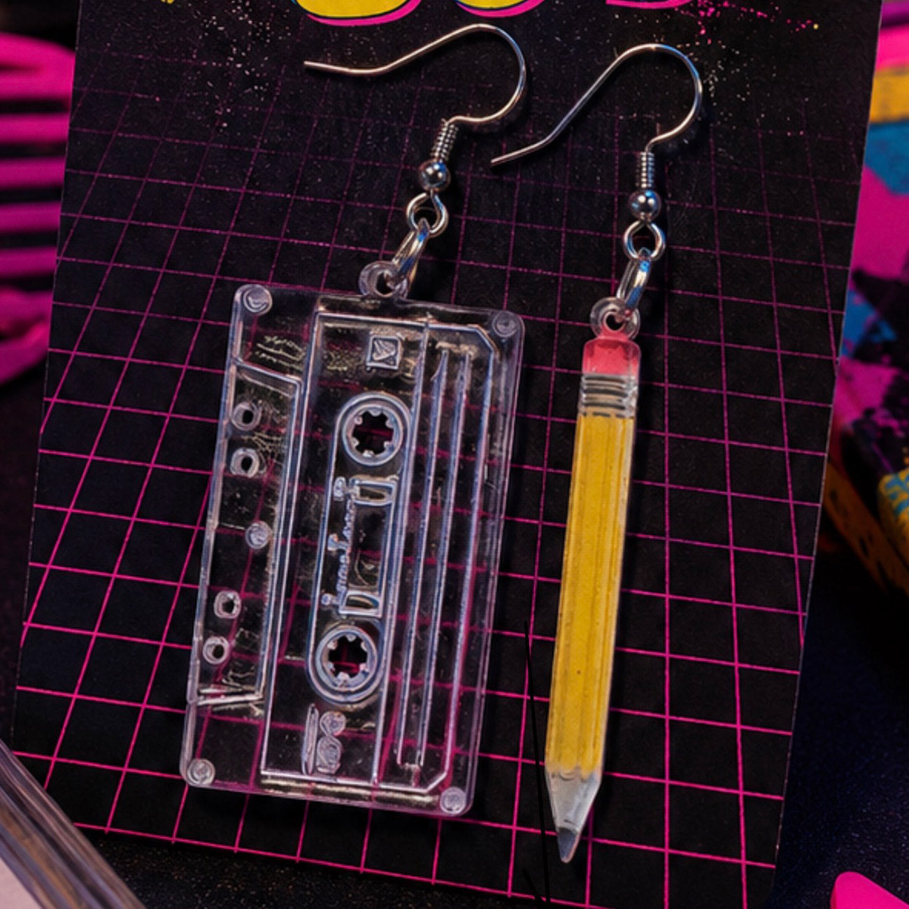 80s Cassette Tape and Pencil Earrings - Glowforge