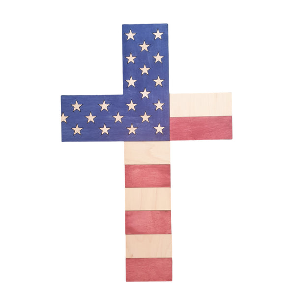 Wooden Patriotic Cross Decoration – 18in x 11in - USA Made