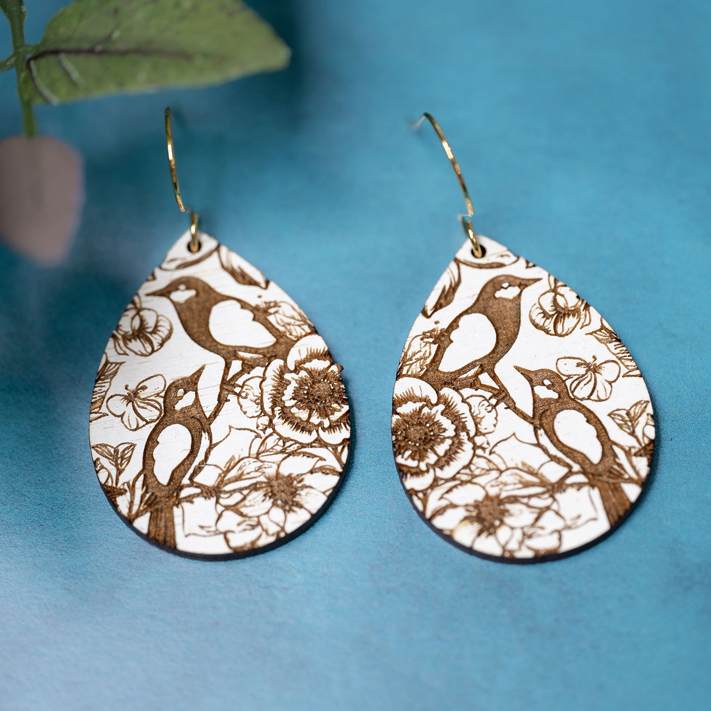Birds & Flowers Engraved Teardrop Dangle Earrings