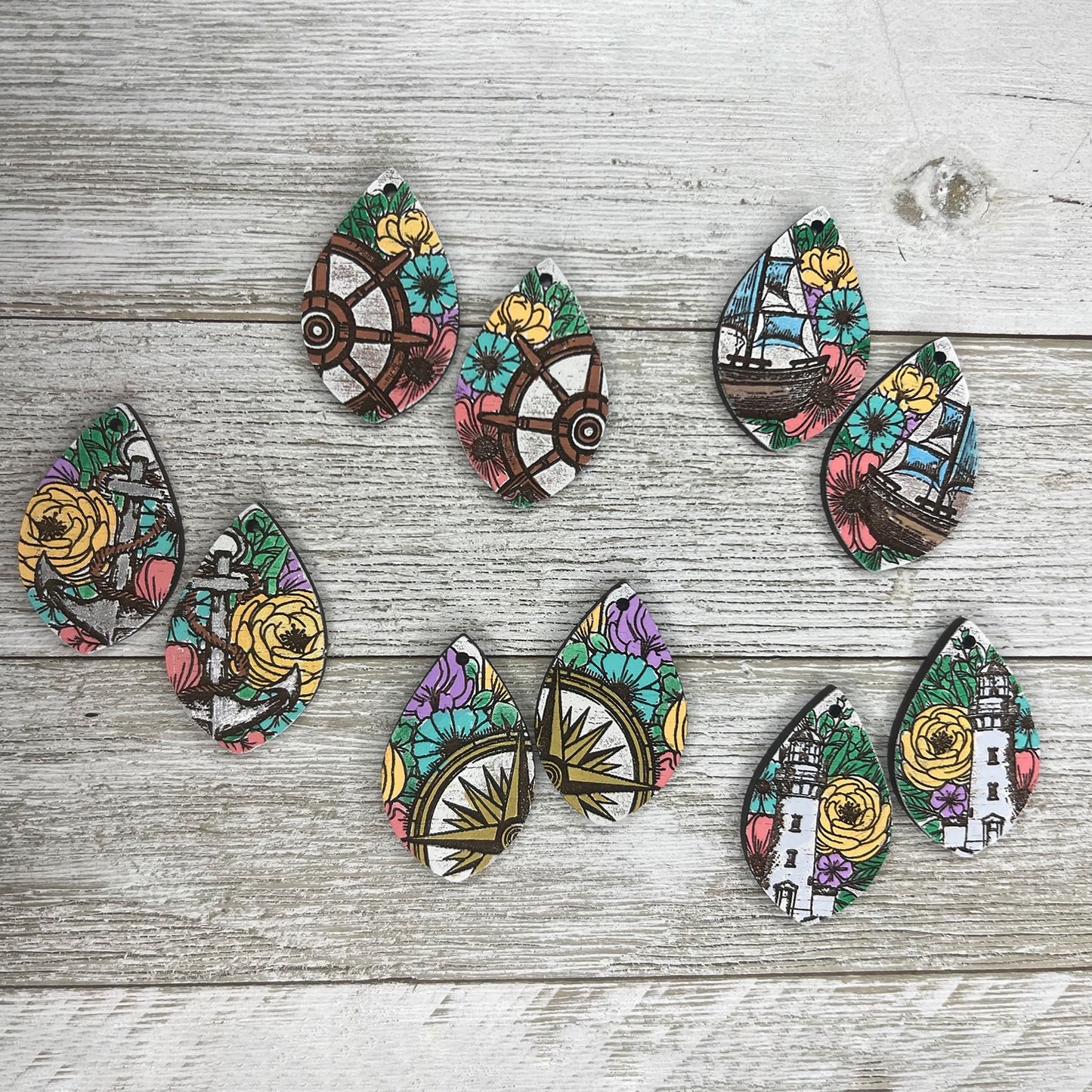 Floral Nautical-Themed Teardrop Earrings - "Ship's Wheel and Flowers"
