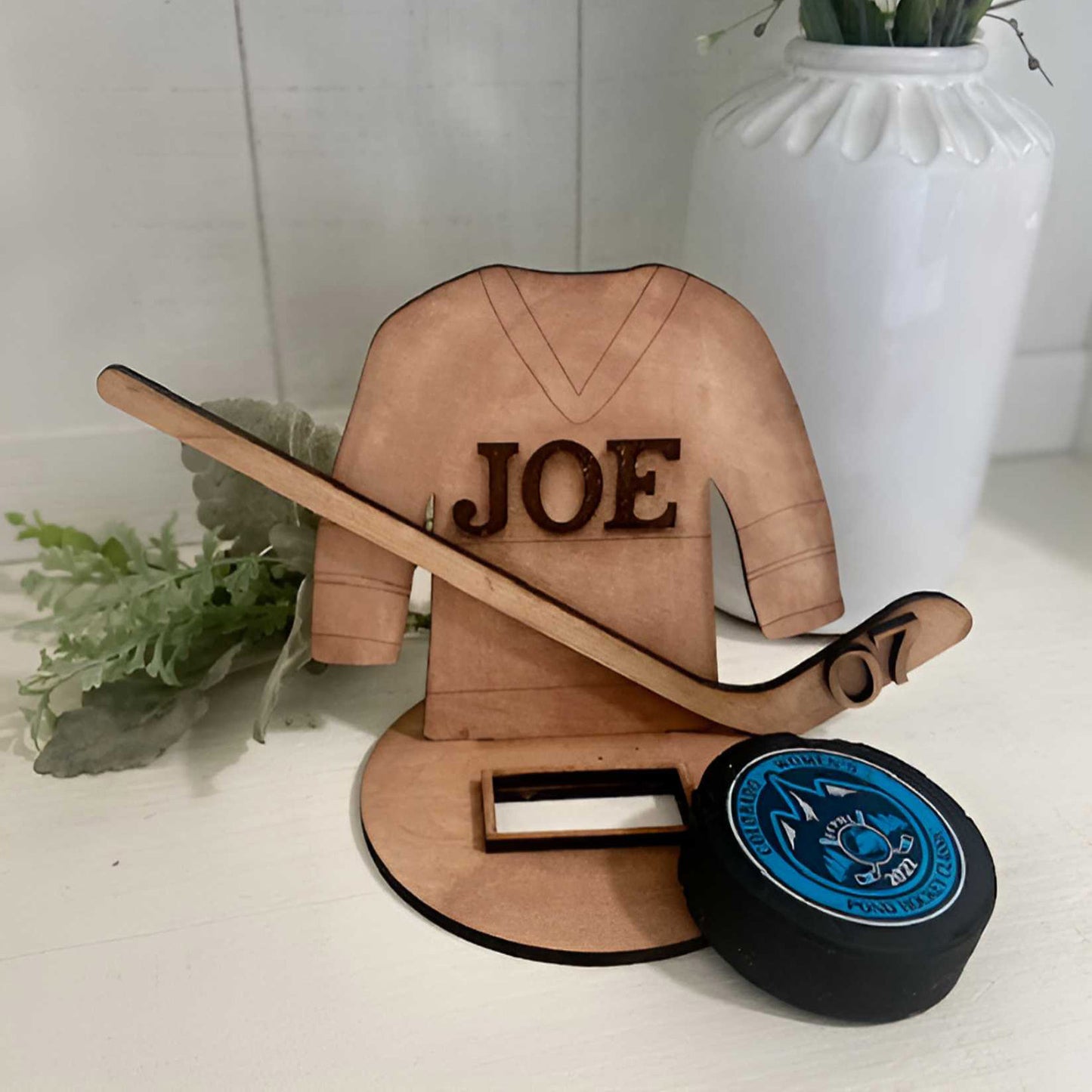 Hockey Puck Display Holder Sign With Jersey - Hockey Sports Sign - Glowforge