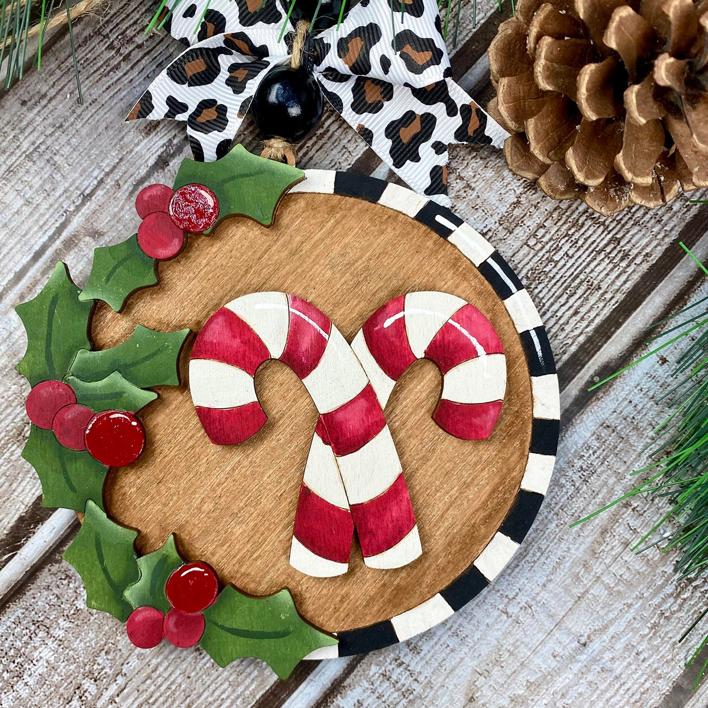 Holly and Checks Candy Cane Christmas Ornament / Gift Tag