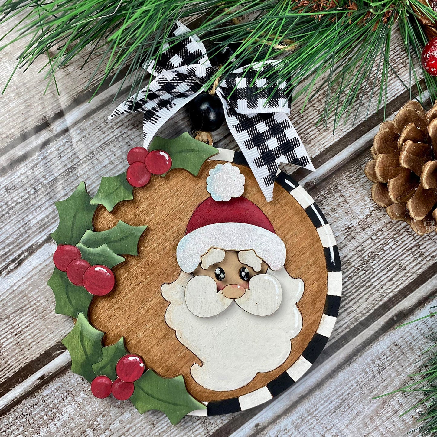 Holly and Checks Santa Christmas Ornament / Gift Tag