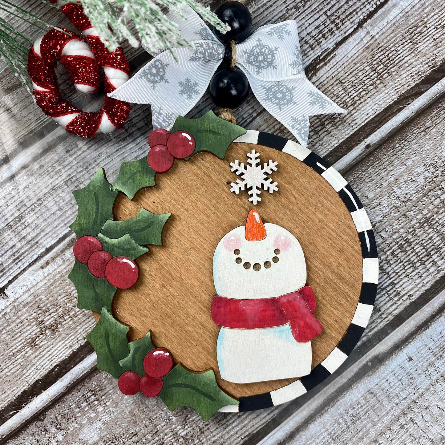Holly and Checks Snowman Christmas Ornament / Gift Tag