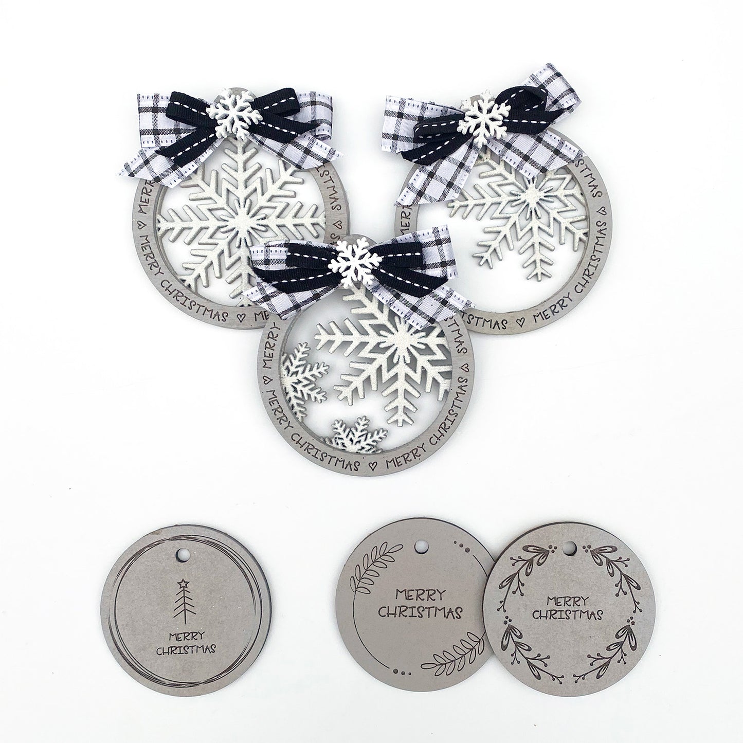 Snowflake Trio Ornament and Gift Tag "Merry Christmas" | No Year Specified (Set of 3)