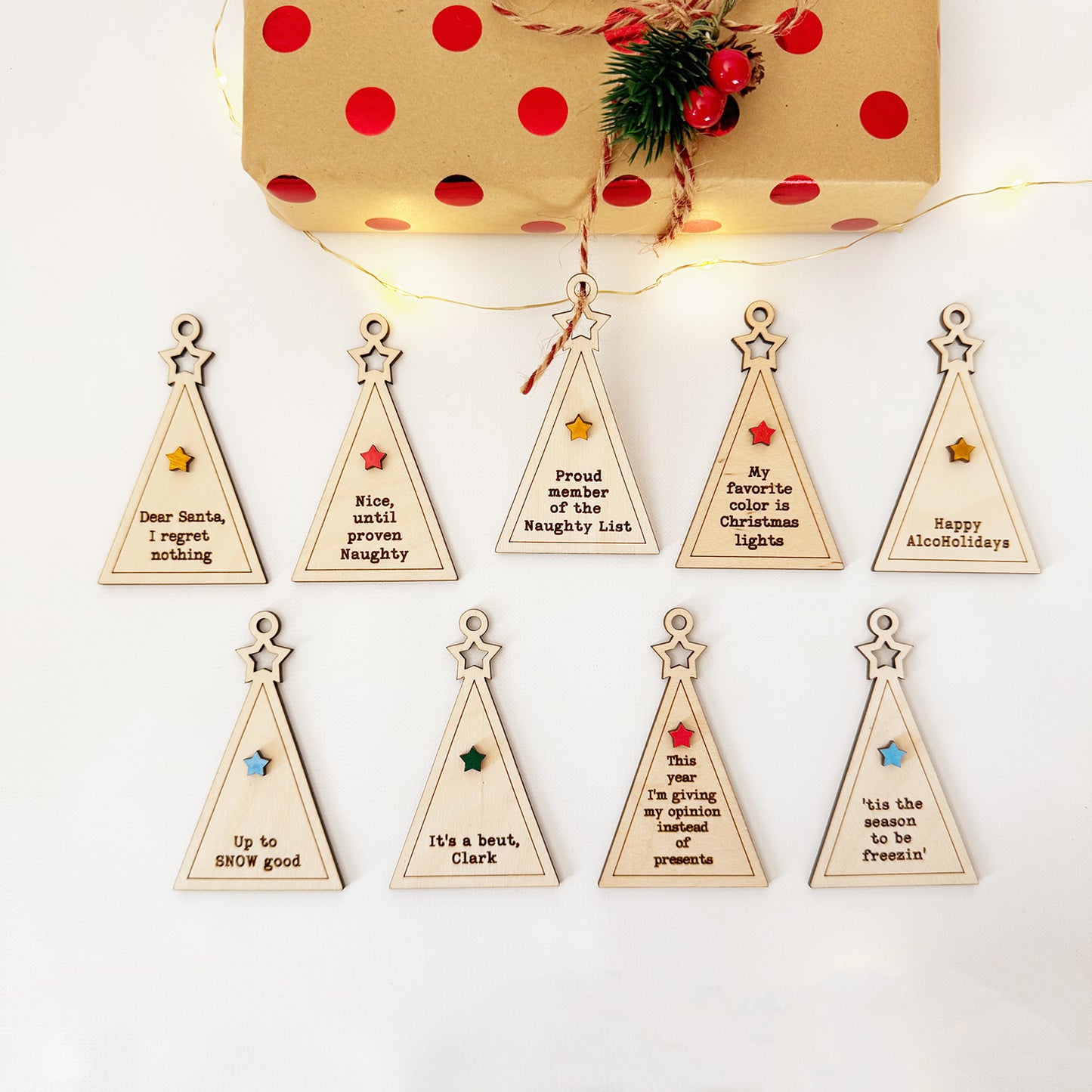 Star-Topped Yuletide Tree Gift Tags / Stocking Name Tags (Set of 10 + Blank)