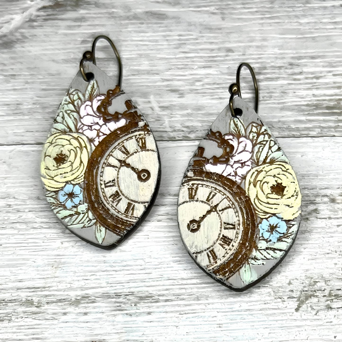 Vintage Tea Party Teardrop Earrings - "Clock and Flowers"