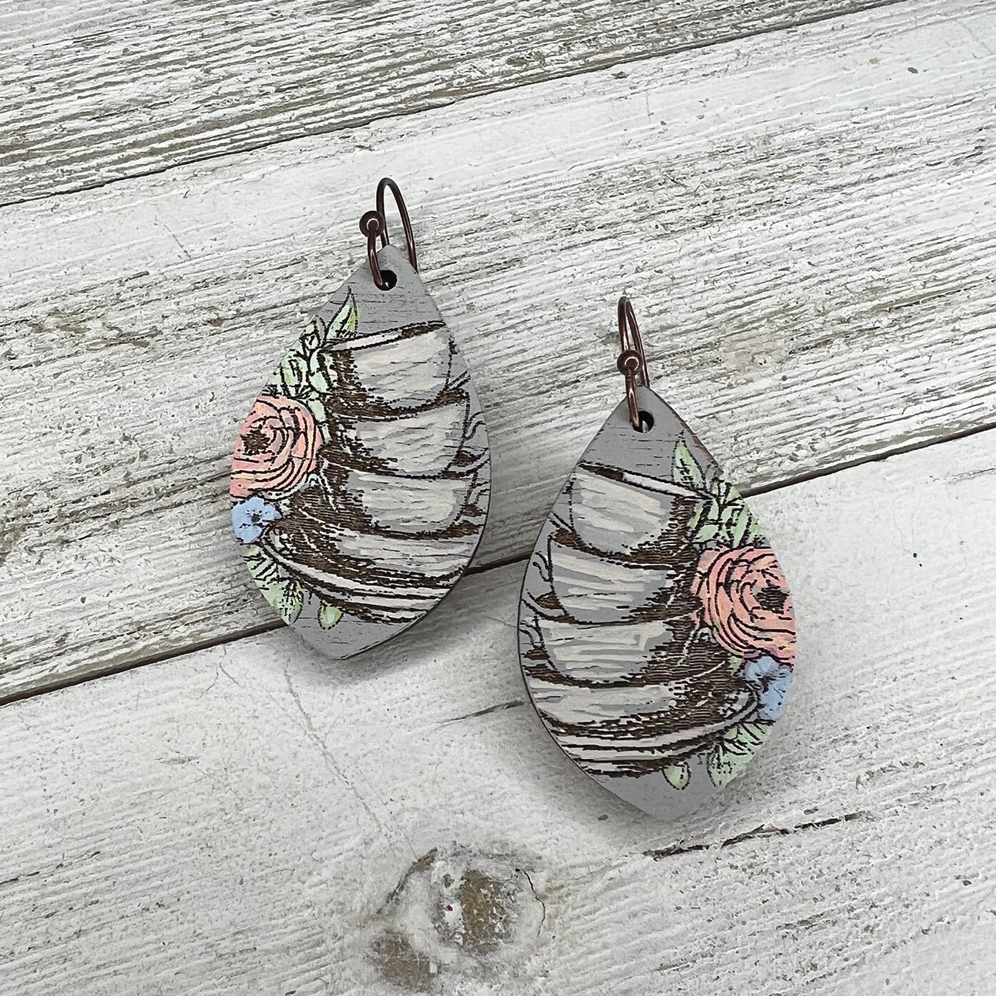 Vintage Tea Party Teardrop Earrings - "Tea Cups and Flowers"