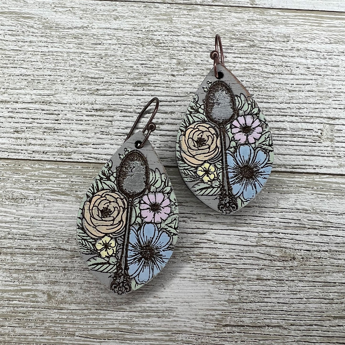 Vintage Tea Party Teardrop Earrings - "Teaspoon and Flowers"