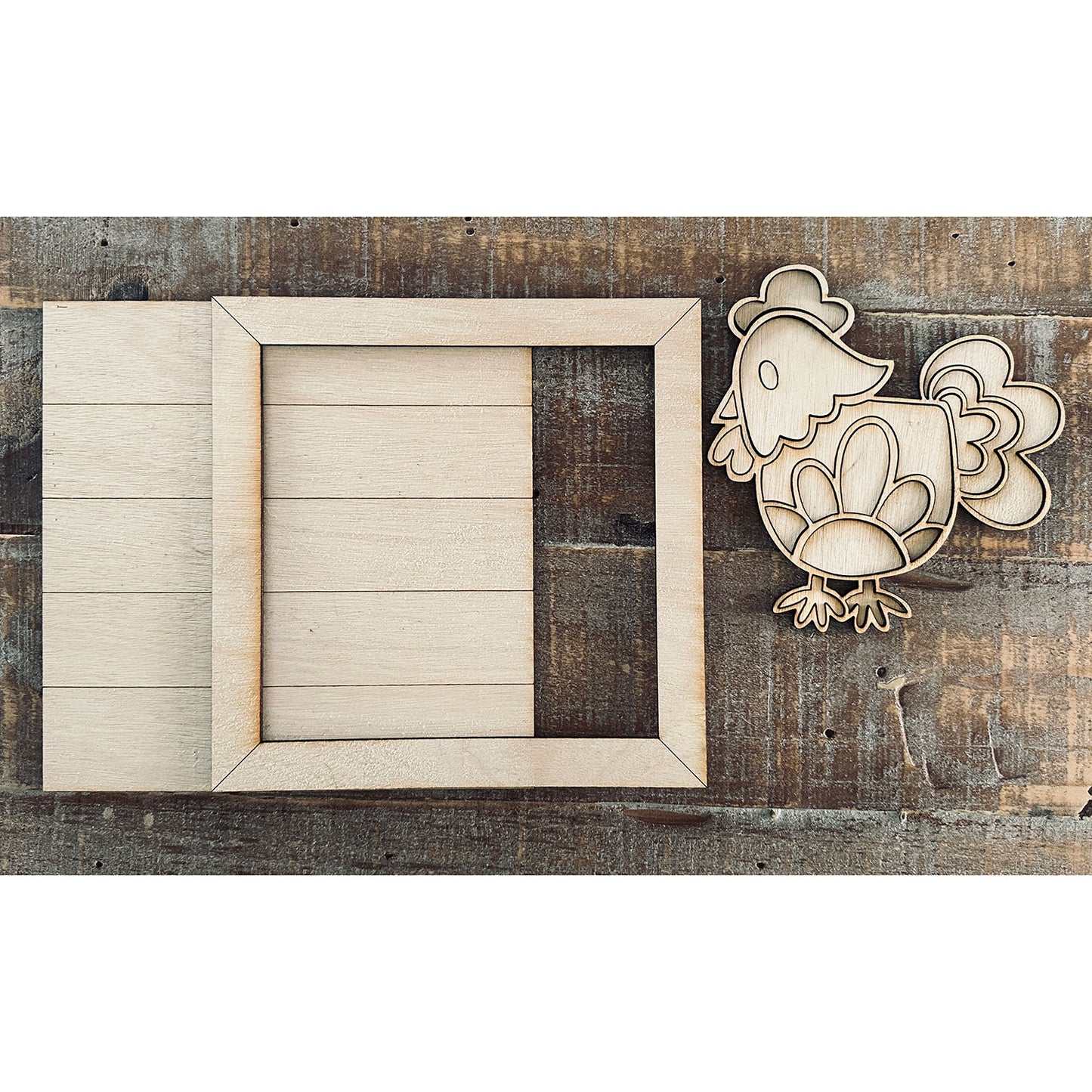 Whimsical Chicken Sign with Faux Shiplap and Farmhouse Frame 8x8 in. Ver. 1