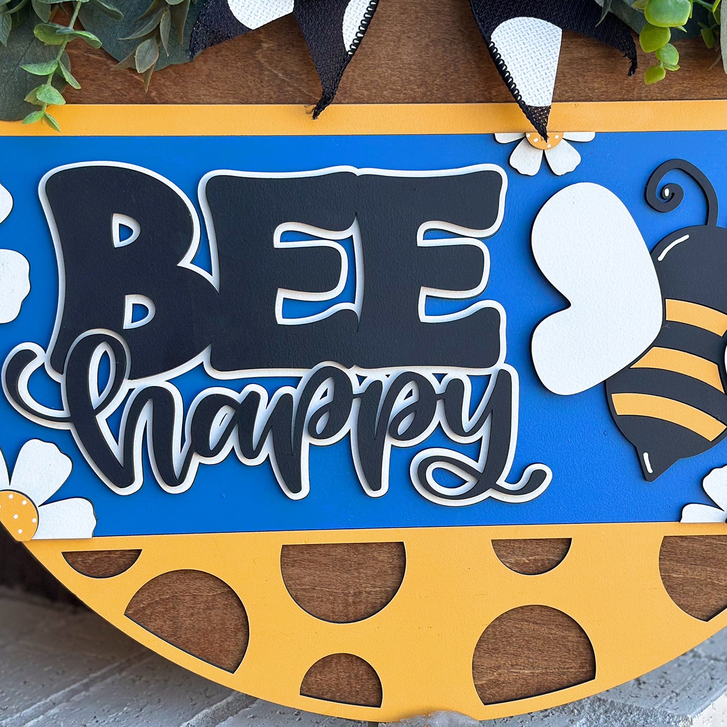 Bee Happy Round Door Hanger Polka Dot Sign Farmhouse Porch Decor - Glowforge