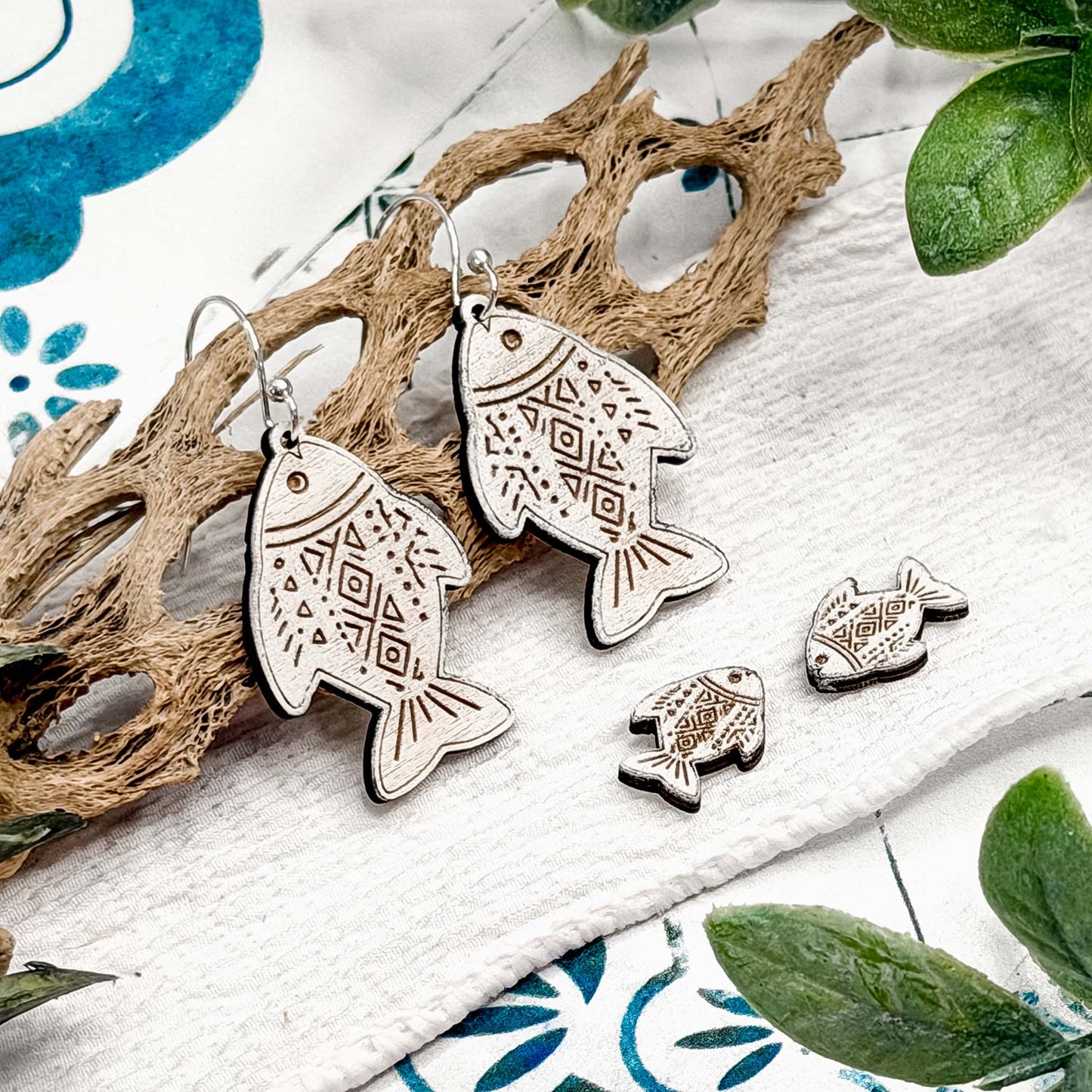 Boho Pattern Fish Dangle and Stud Earrings Set - Glowforge