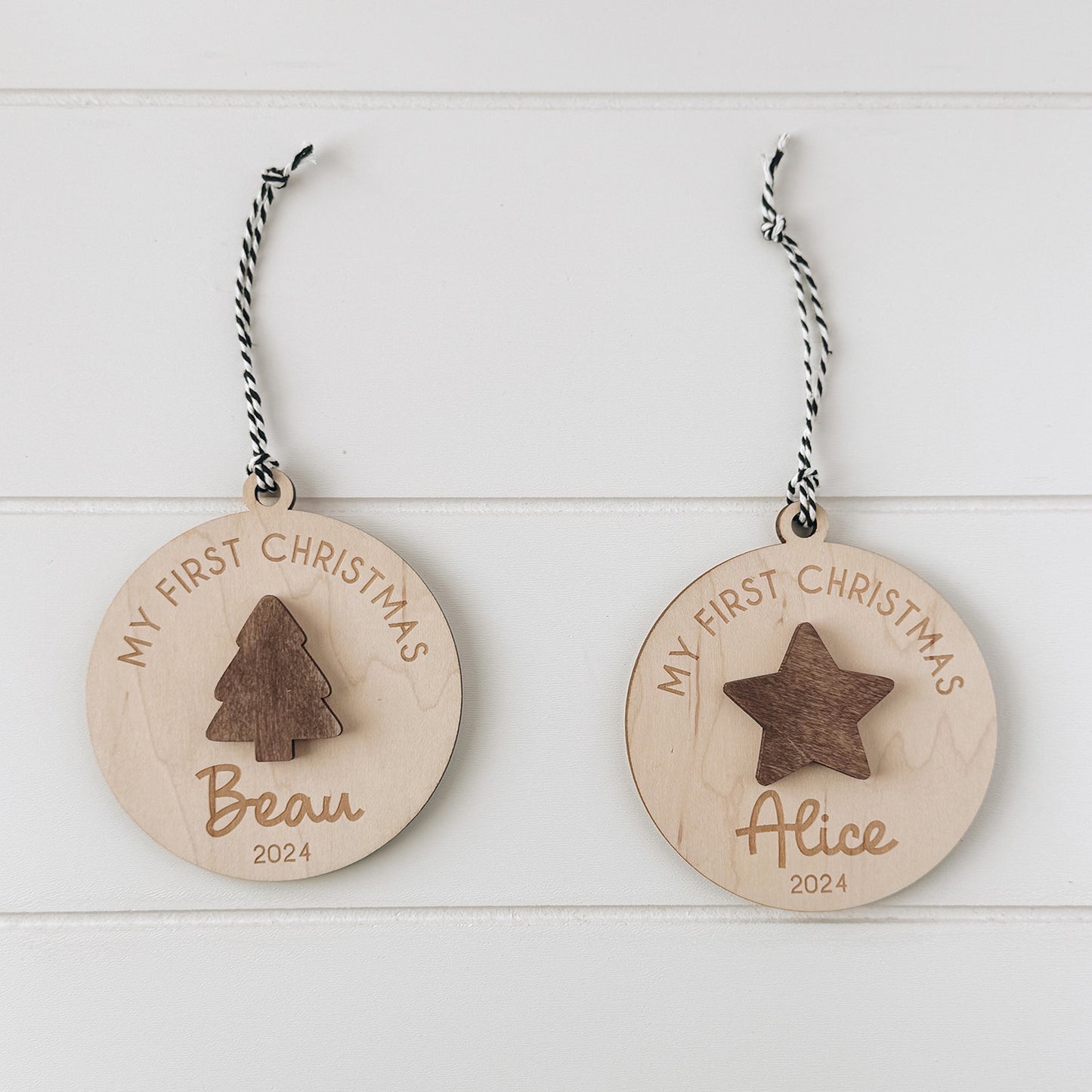 Customizable Merry Christmas with Tree or Star Ornament (Set of 2) - Glowforge