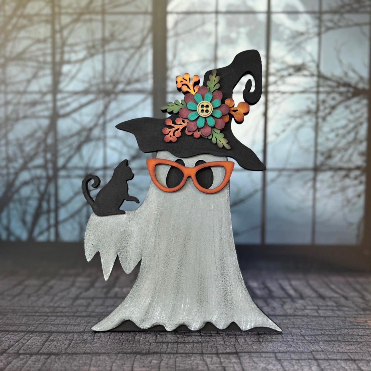 Cute Cat Lady Ghost with Witch Hat & Black Cat Shelf Leaner - Glowforge