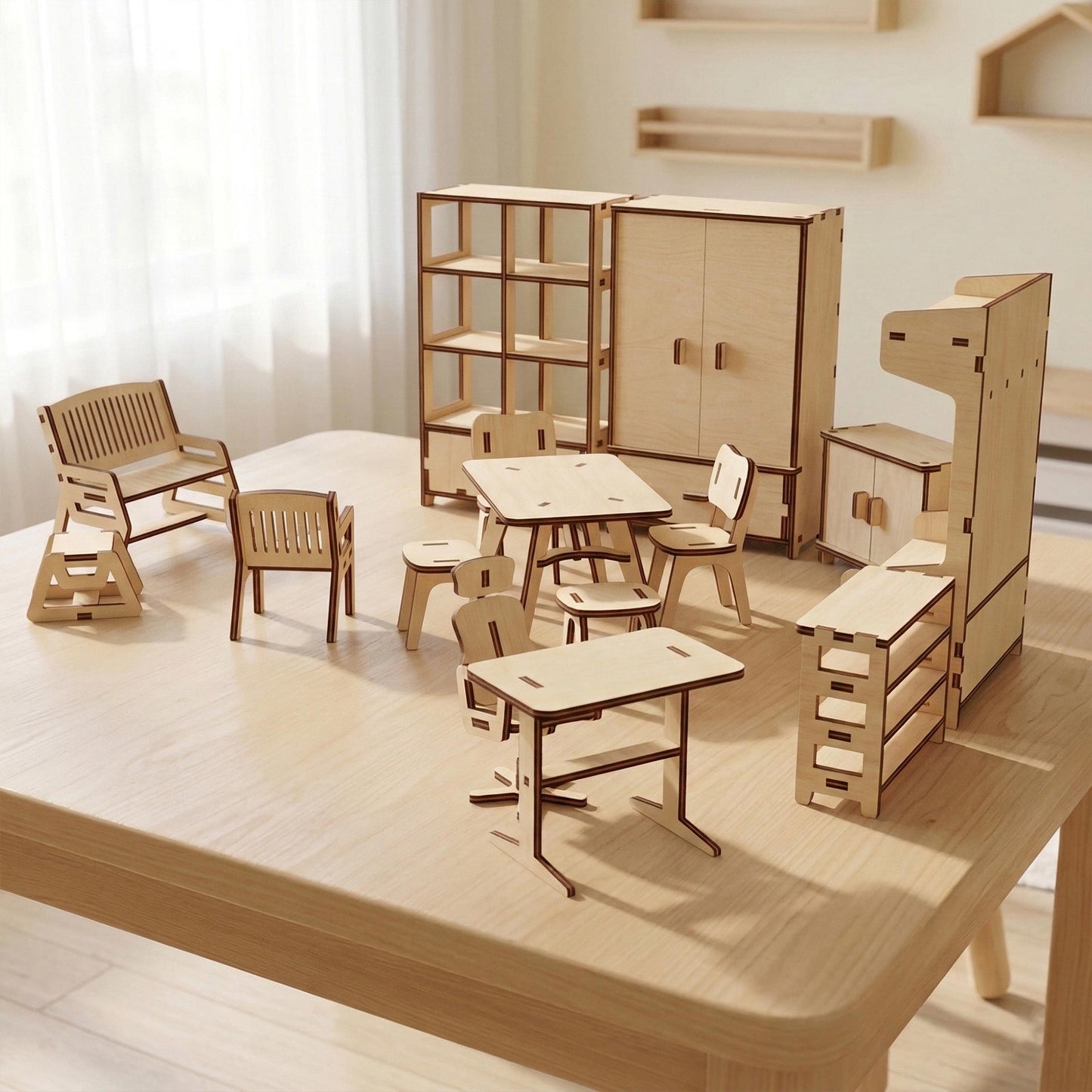 Doll Furniture Set in Scale 1:12 - Wardrobes, Cupboard, Table, Chairs & PC Chair Collection - Glowforge
