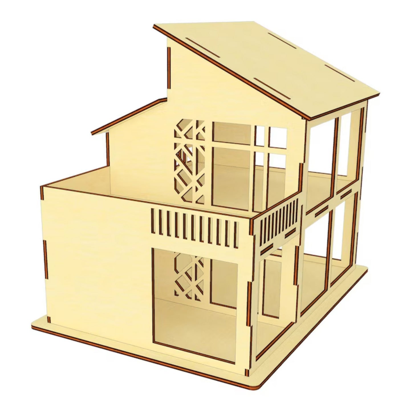 Dollhouse with Open Walls and Balcony in High-Tech Style with Geometric Pattern - Glowforge