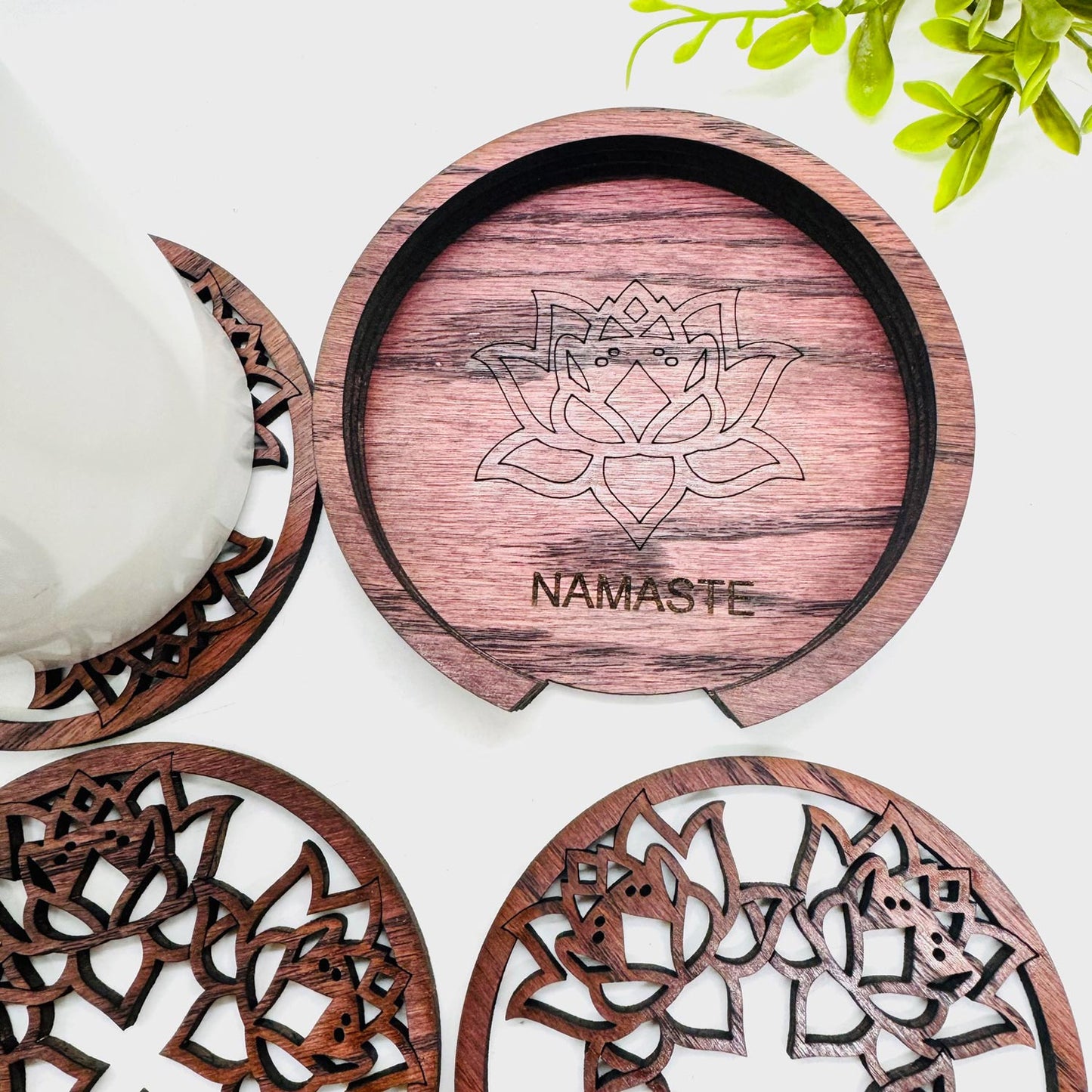 Editable Lotus Mandala Coaster Table Protector (Set of 3) with Expanding Holder - Glowforge