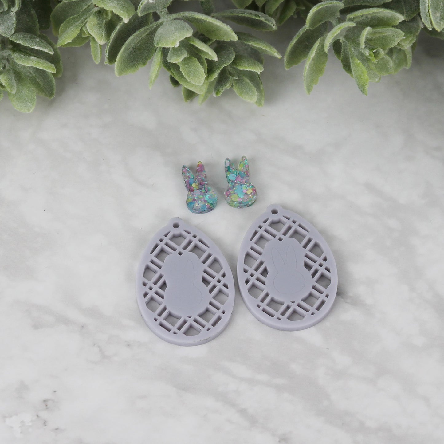 Egg Earrings with Diagonal Lattice and Bunny Head Silhouette - Easter Earrings - Glowforge