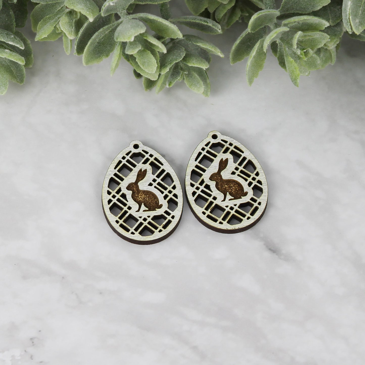 Egg Earrings with Diagonal Lattice and Bunny Side Silhouette - Easter Earrings - Glowforge