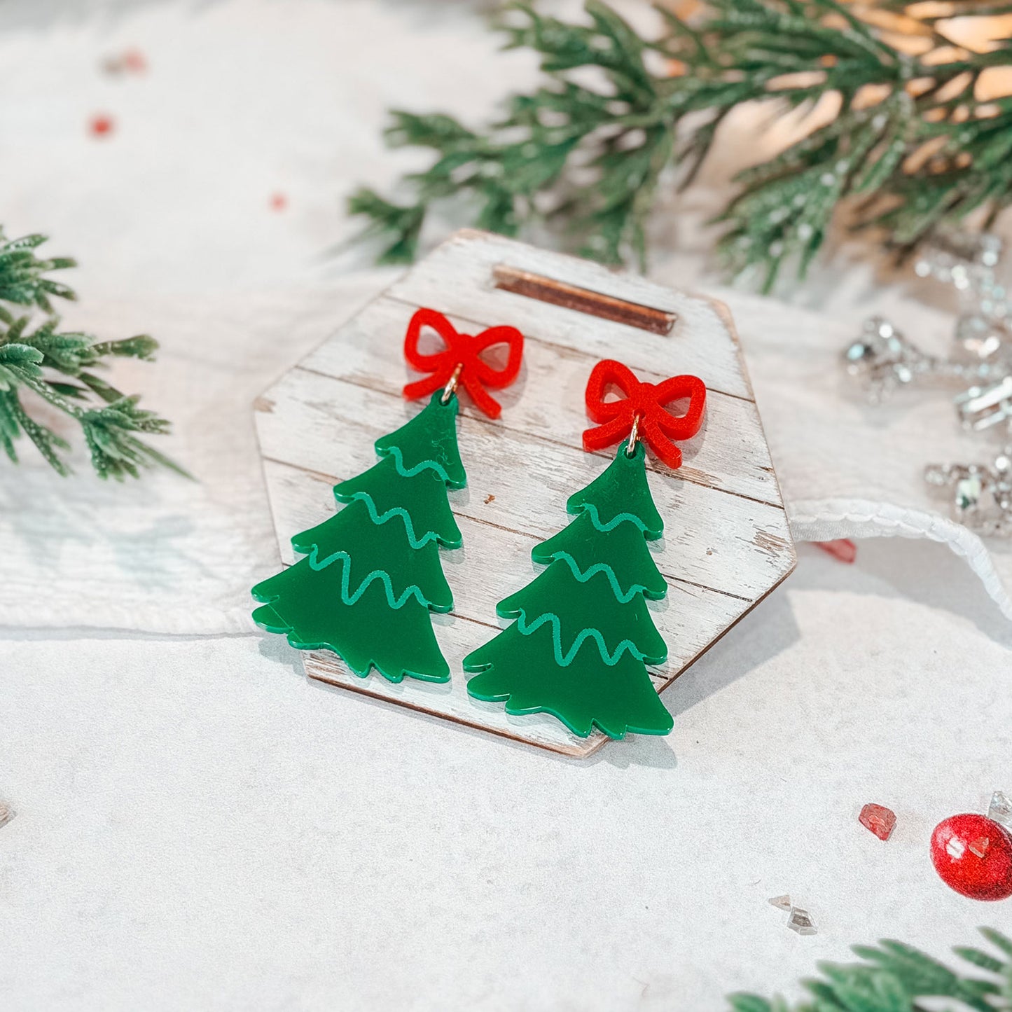 Festive Christmas Tree Earrings with Bow Accents - Glowforge