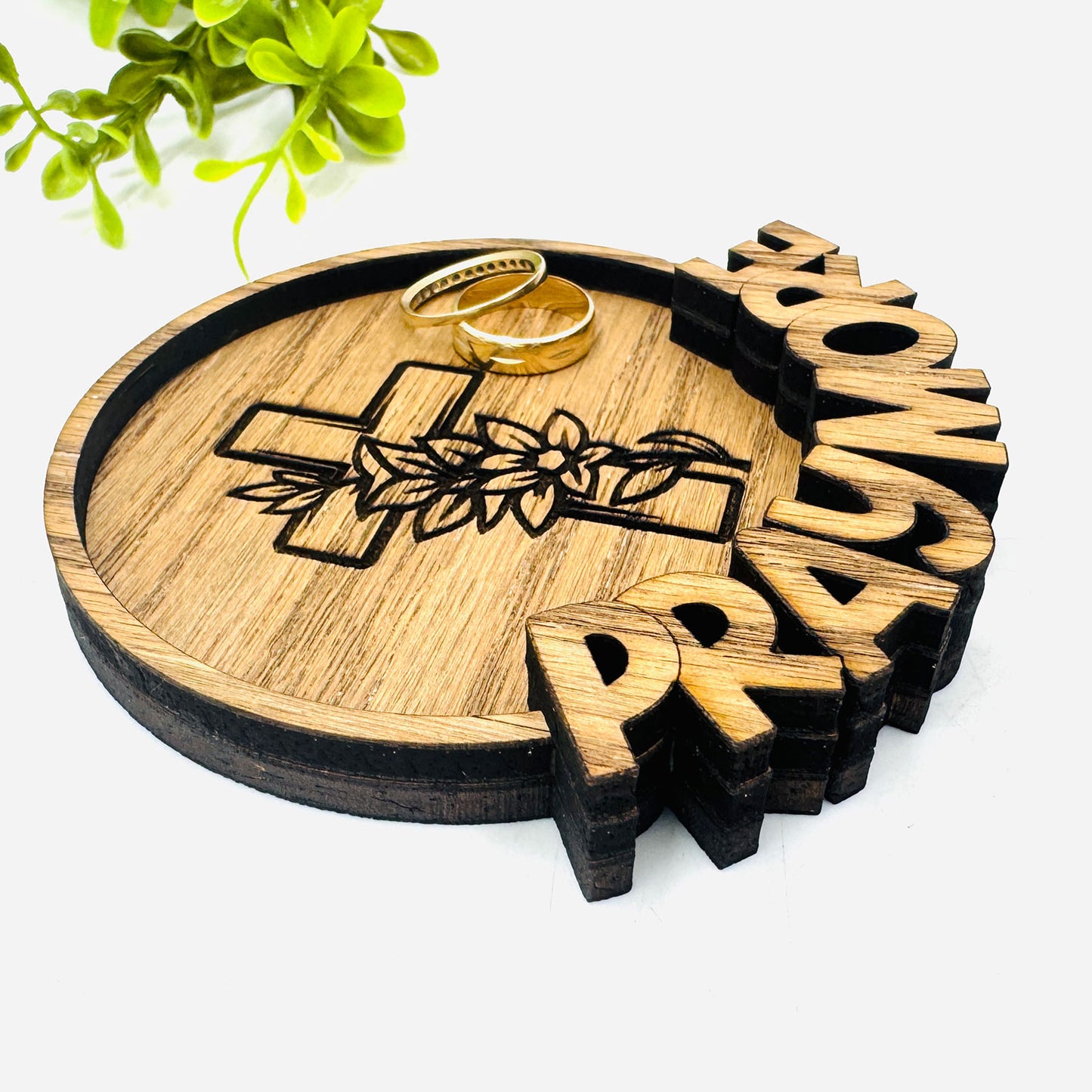 Floral Cross Pray More Trinket Ring Dish - Glowforge