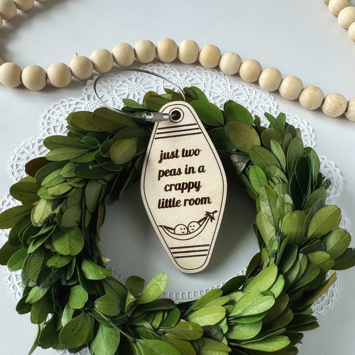 Funny Retro Motel-style Keychain for College Students and Back-to-School 'Two peas in a...' - Glowforge