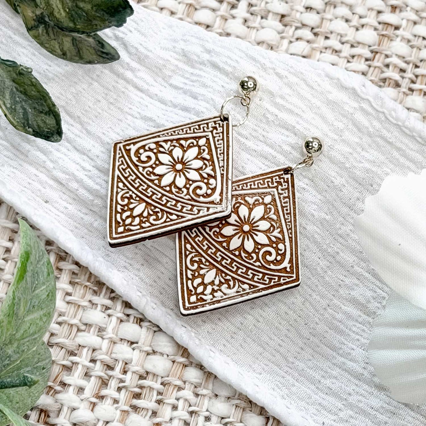 Geometric Floral Diamond Earrings with Border Detail - Glowforge