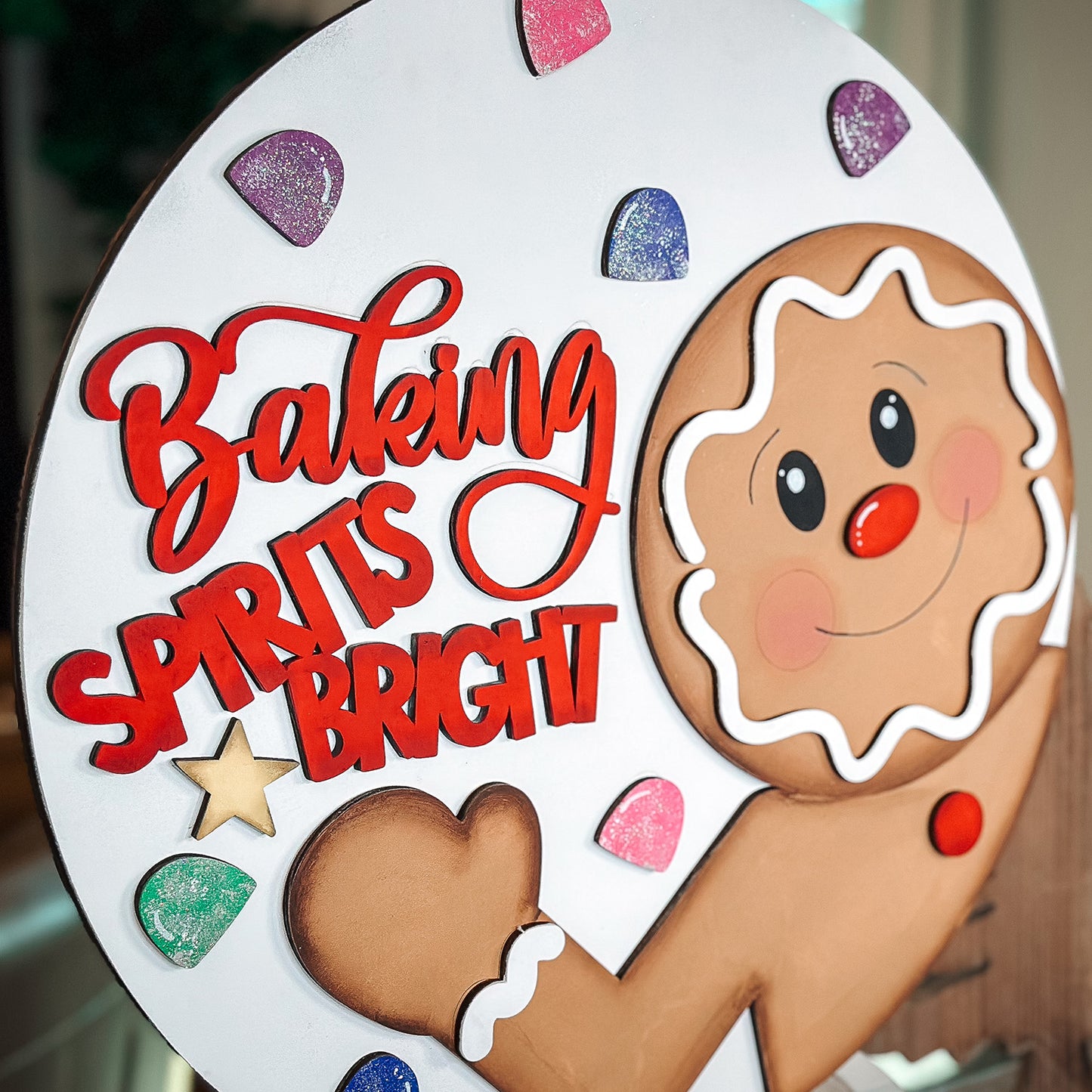 Gingerbread Man Baking Spirits Bright Round Christmas Door Hanger - Glowforge