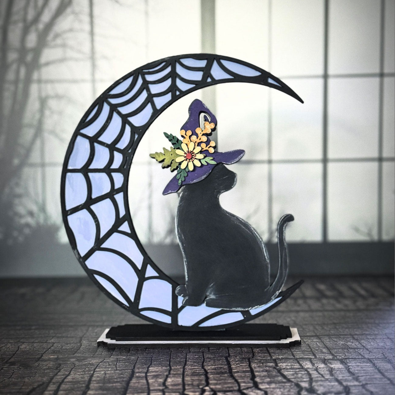 Halloween Cat Wearing a Witch Hat Sitting on a Moon Shelf Sitter for 1/8" Material - Glowforge