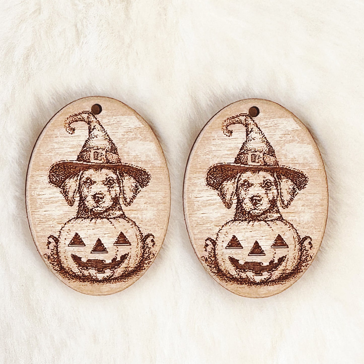 Halloween Witch Dog in Jack O' Lantern Pumpkin Dangle Earrings - Glowforge