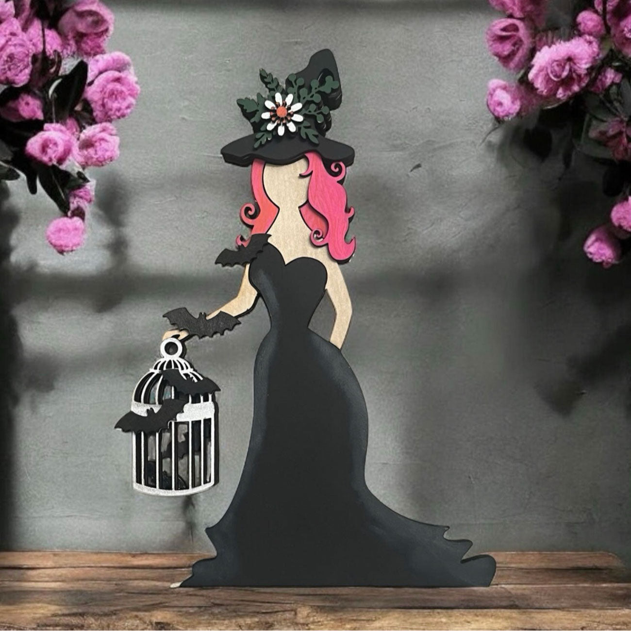 Halloween Witch with Bats in a Cage Shelf Leaner - Glowforge