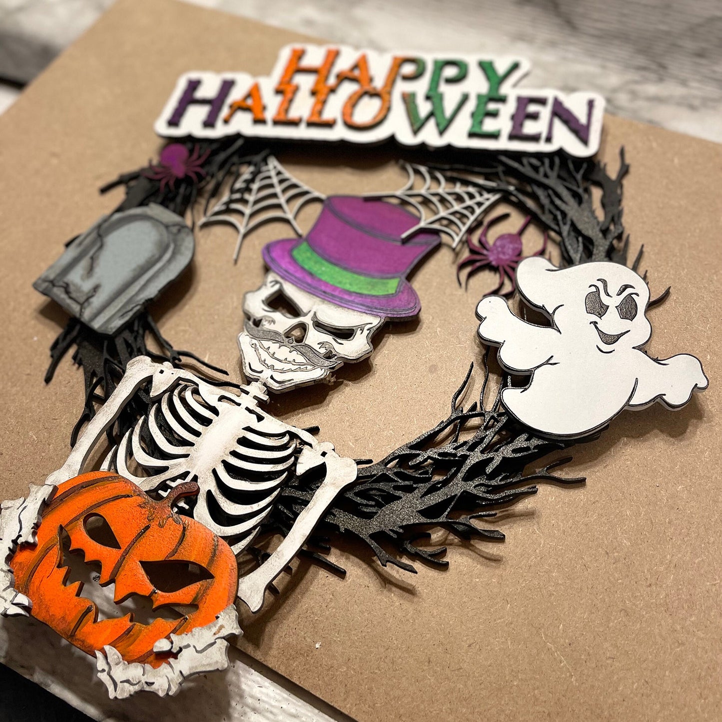 Happy Halloween Skeleton Wreath - Glowforge