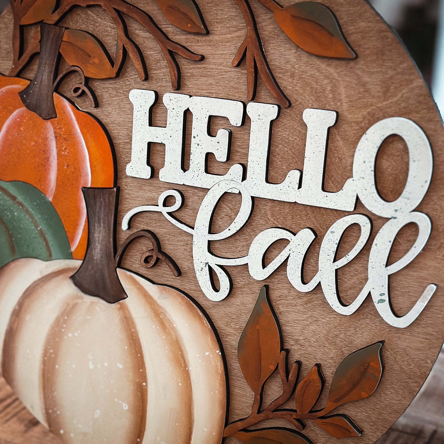 Hello Fall with Three Pumpkins and Leaves Door Sign - Fall Door Décor - Glowforge