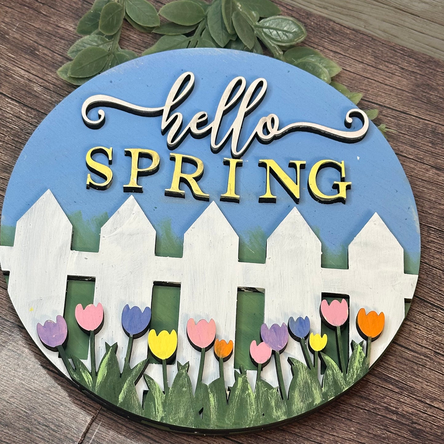 Hello Spring Easter Door Sign Fence with Spring Flowers