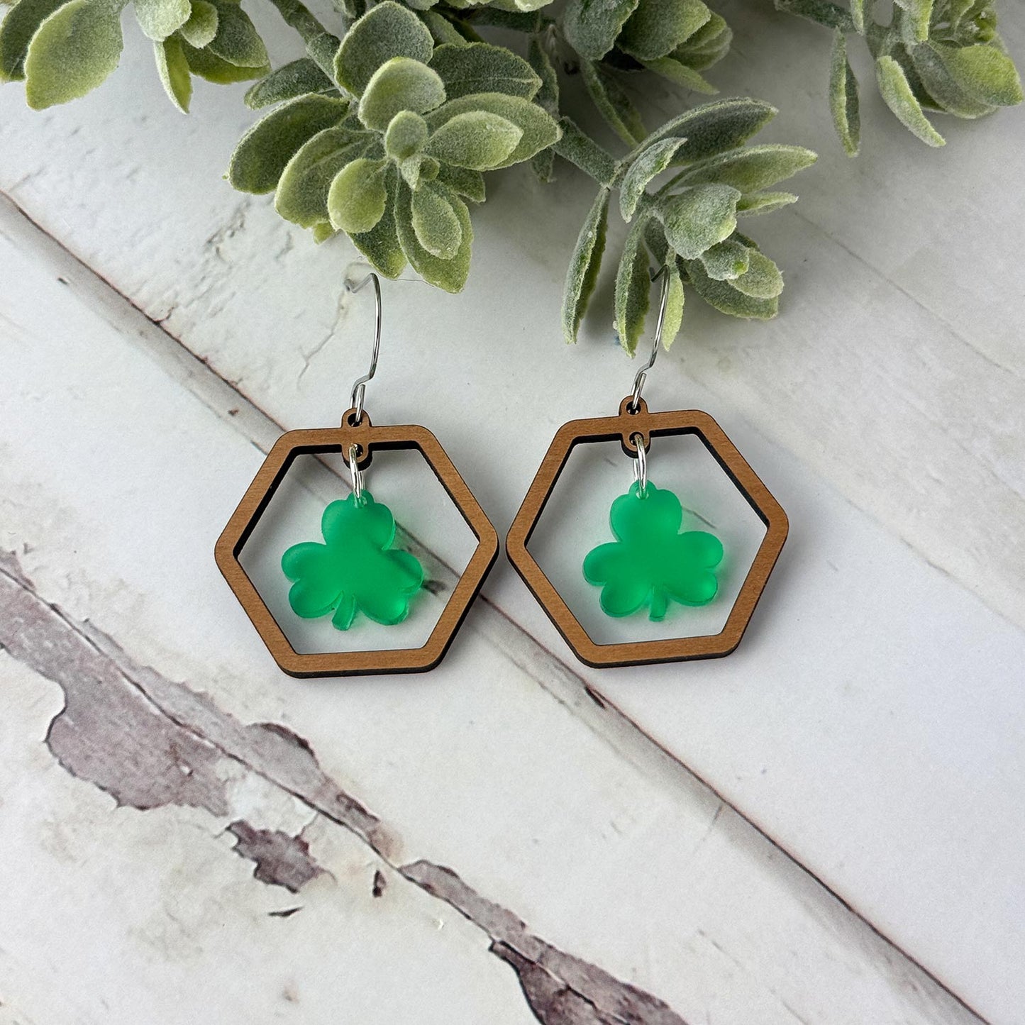 Hexagon Hoop Earrings with Shamrock Charm - St. Patrick's Day Earrings - Glowforge
