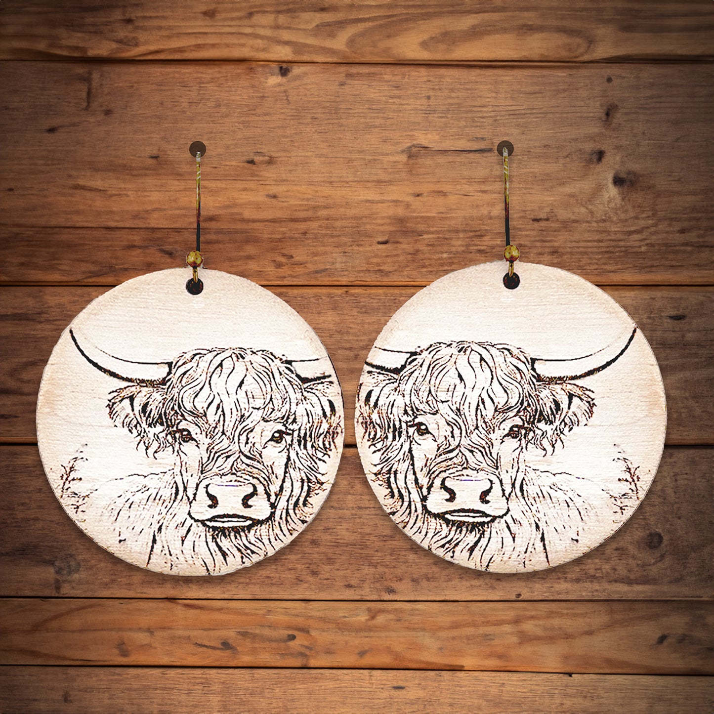 Highland Cow Farm Animal Round Dangle Earrings - Glowforge