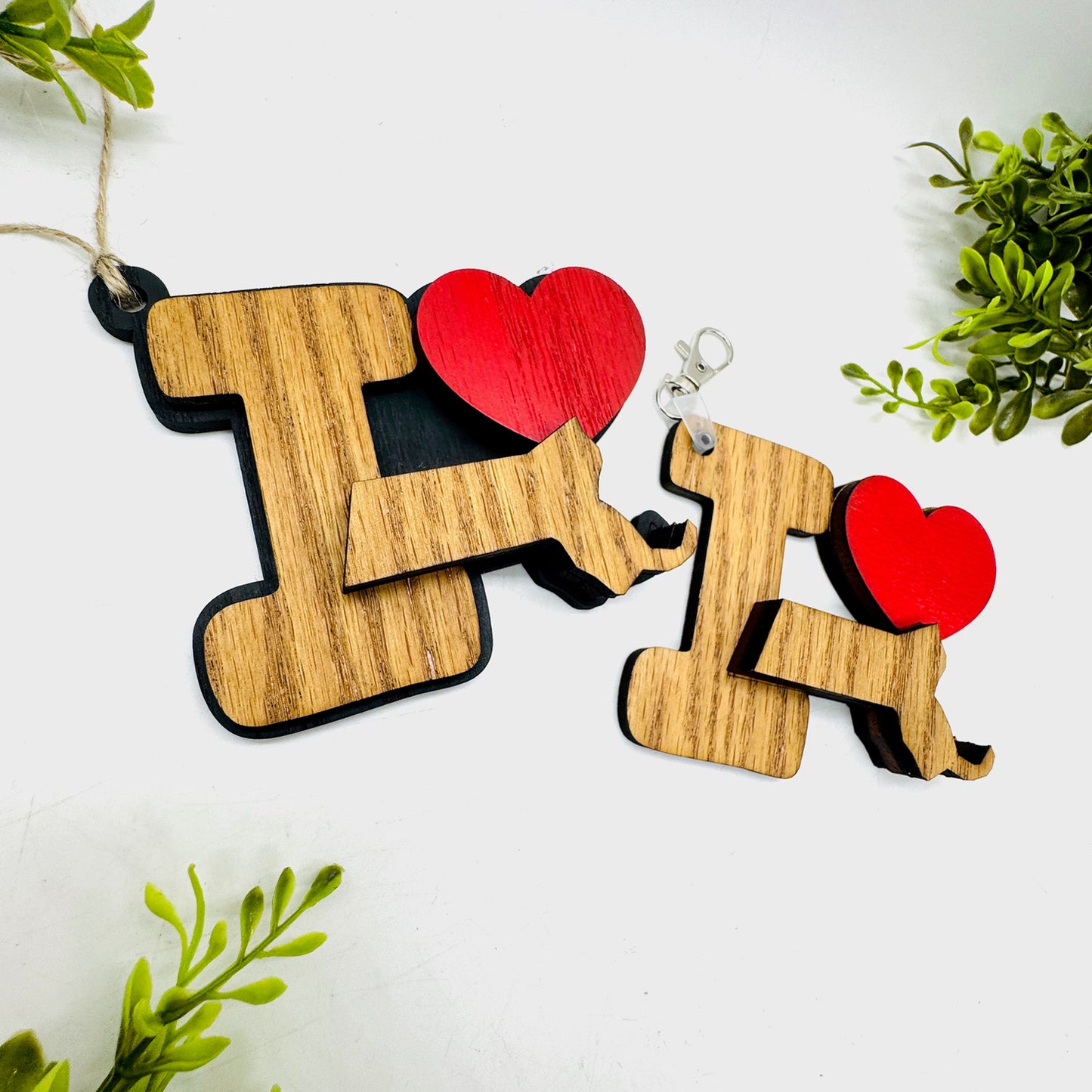 I Love Massachusetts Keychain Bag Tag Car Charm 3 & 4 Layer Versions (Set of 2)