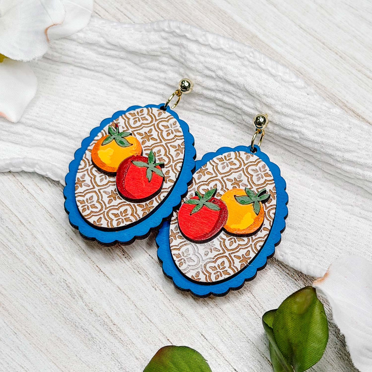Layered Mediterranean Tomato Earrings with Moroccan Tile Detail - Glowforge