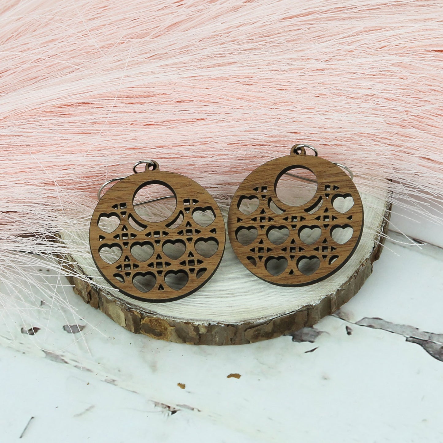 Open Circle Earrings with Heart Rattan Pattern - Valentines Earrings (Set of 3 Sizes) - Glowforge