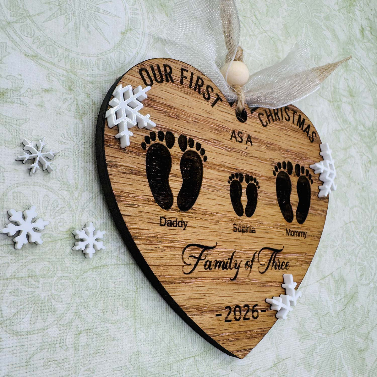 Our First Christmas as a Family of 3 Editable 2-Layer Ornament - Glowforge