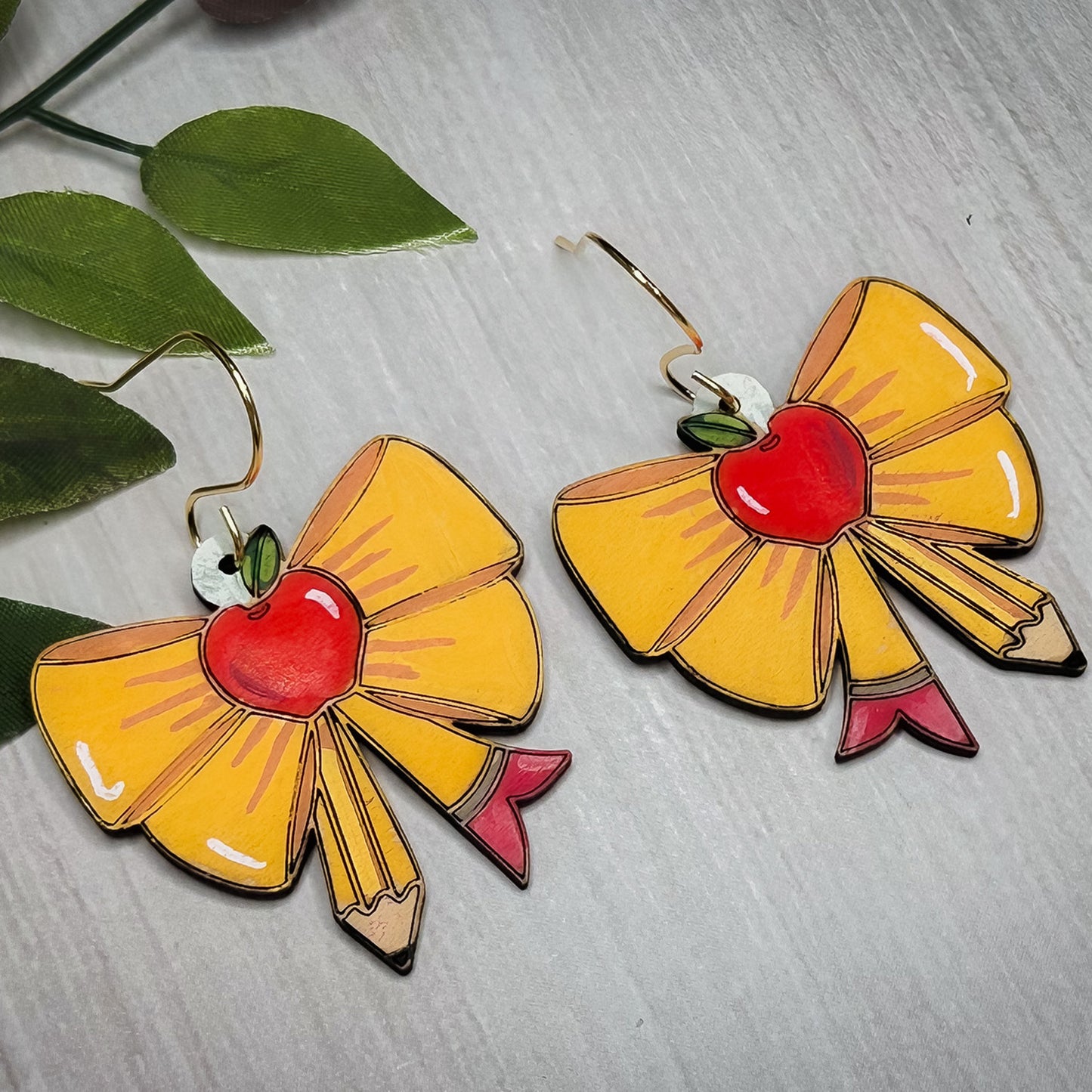 Pencil and Apple Bow Earrings - Glowforge