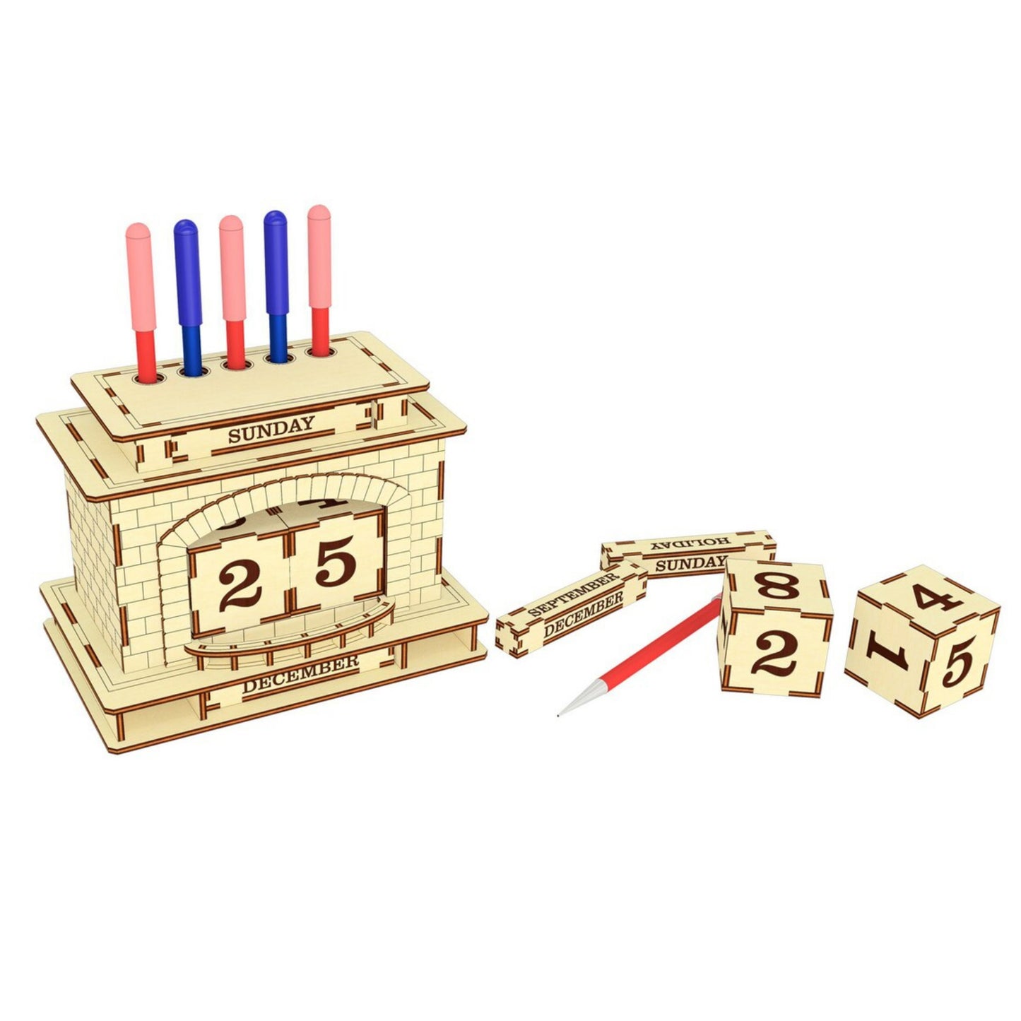 Perpetual Calendar in the Shape of Fireplace with Pen Holder - Glowforge