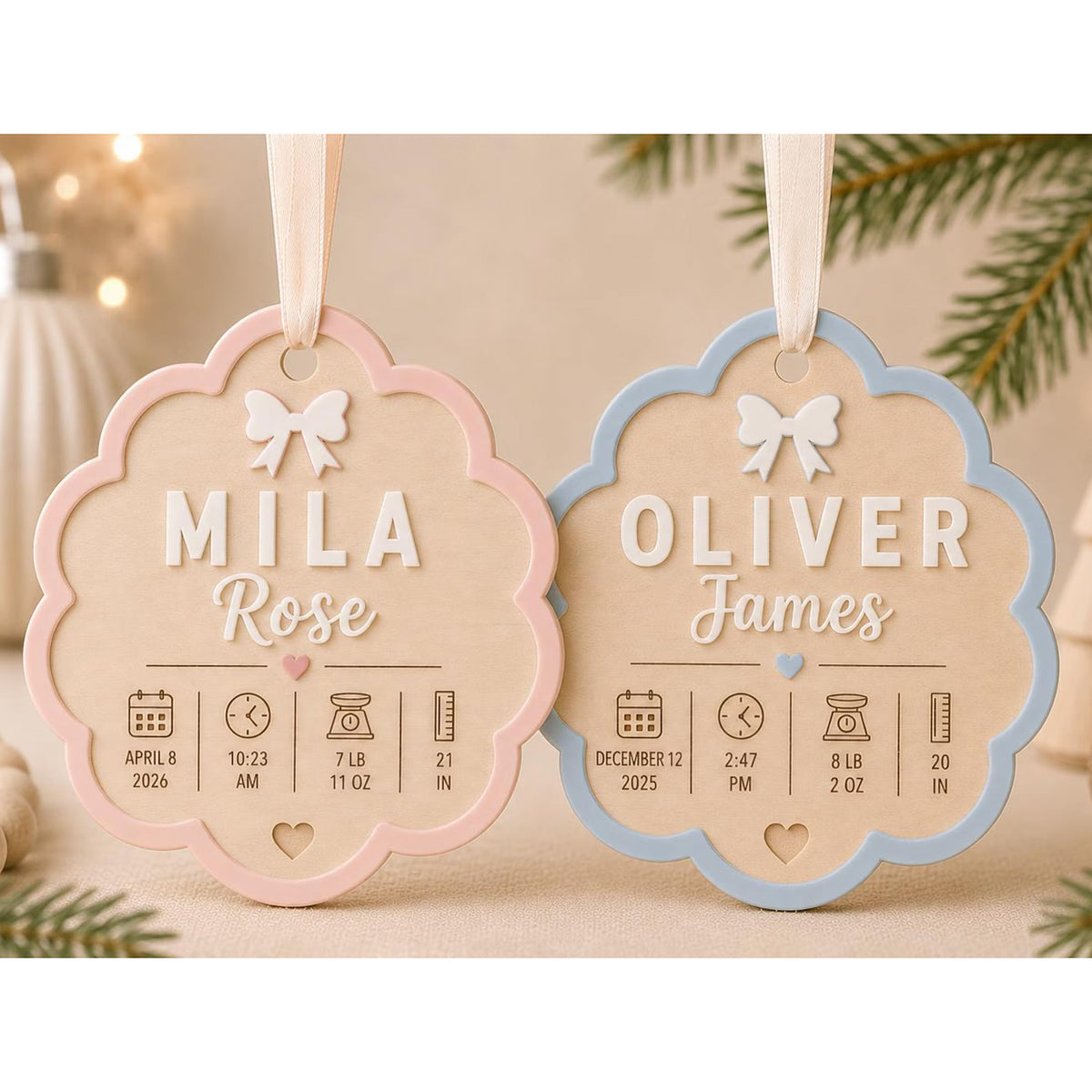 Personalizable Scalloped Birth Stats Ornament - Glowforge