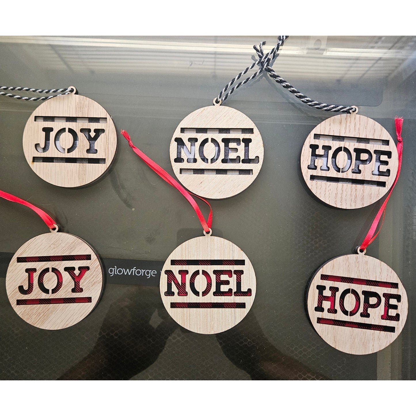 Plaid Wood Christmas "Joy" Ornament - Glowforge