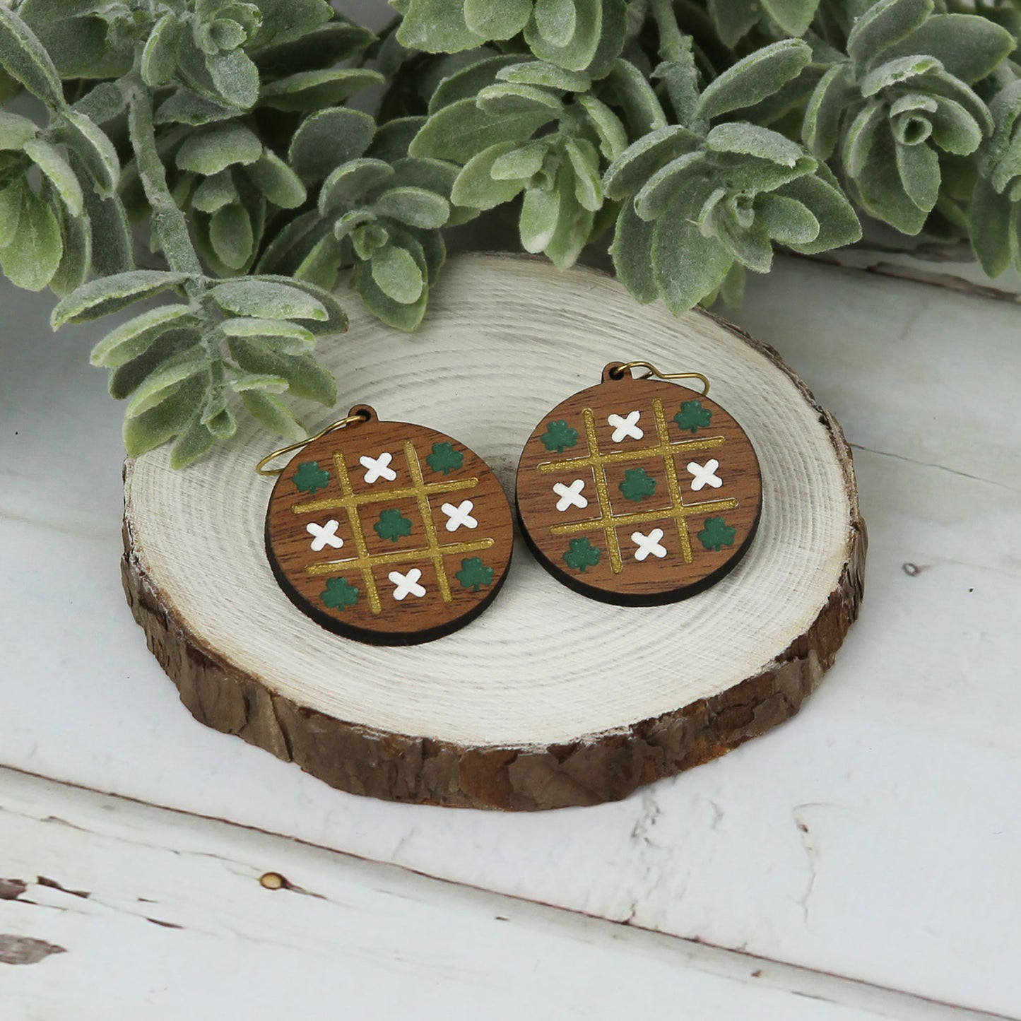 Round Earrings with Shamrock Tic Tac Toe Engrave - St. Patrick's Day Earrings (Set of 3 Sizes)