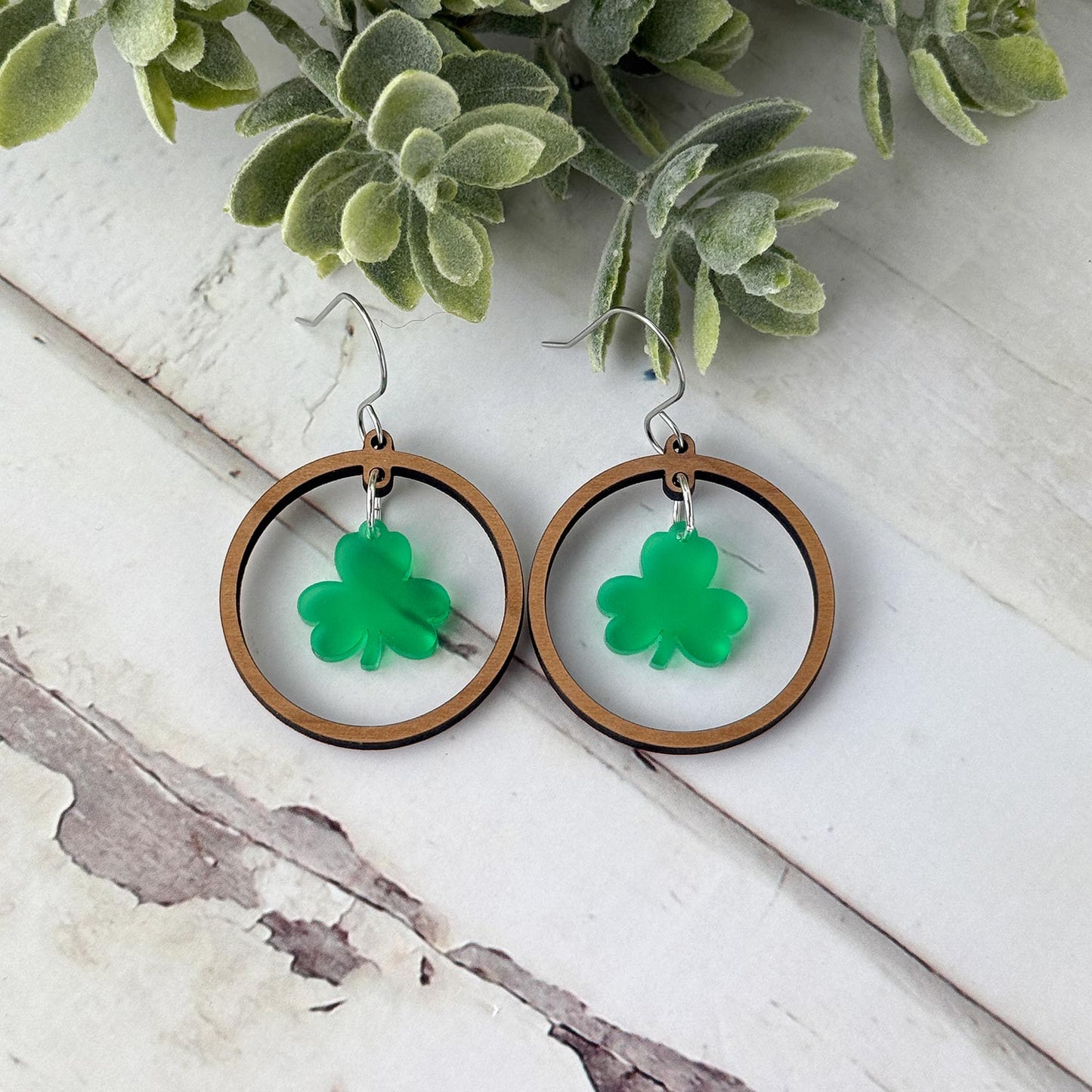Round Hoop Earrings with Shamrock Charm - St. Patrick's Day Earrings - Glowforge