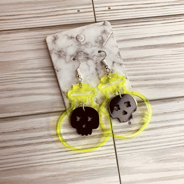 Neon Green Halloween Dangle Earrings - Skull Ghost Spider In Bottle Acrylic Earrings For Women & Girls