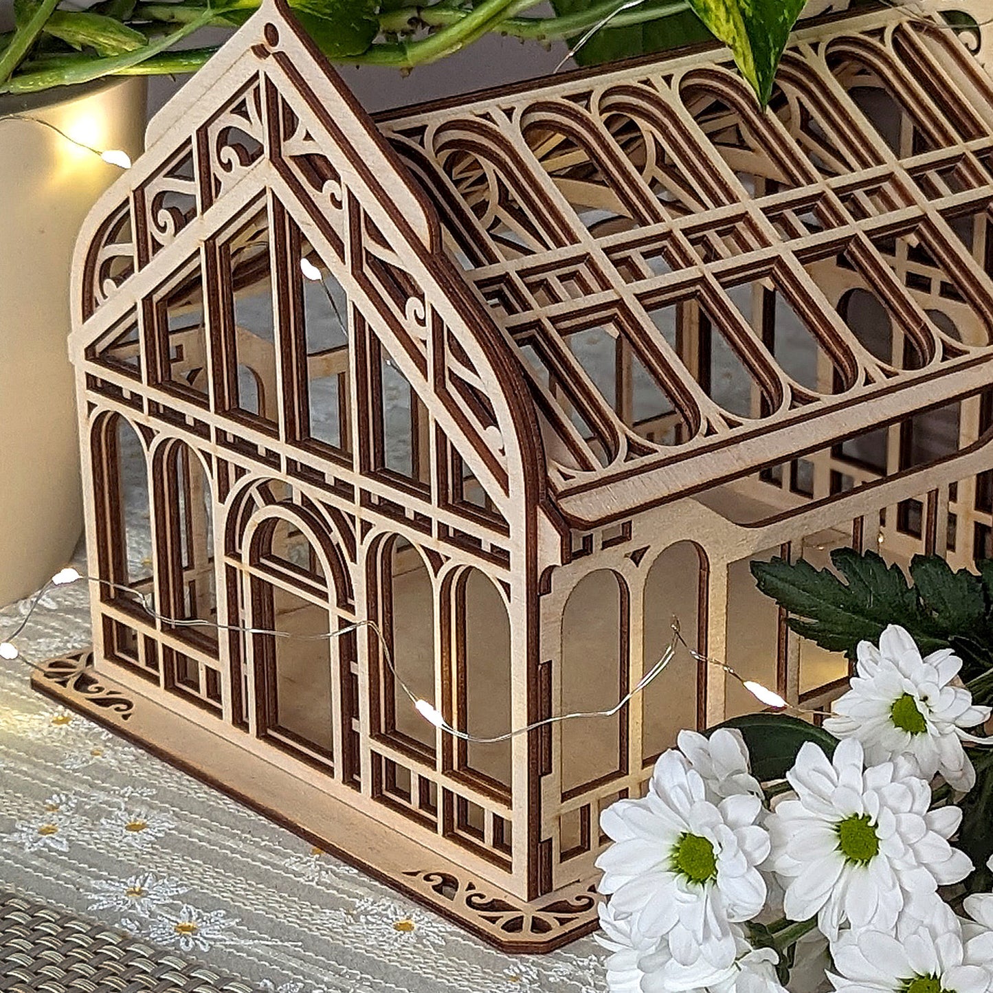 Victorian Greenhouse Box with Ornate Cutouts and Removable Lid Roof - Glowforge