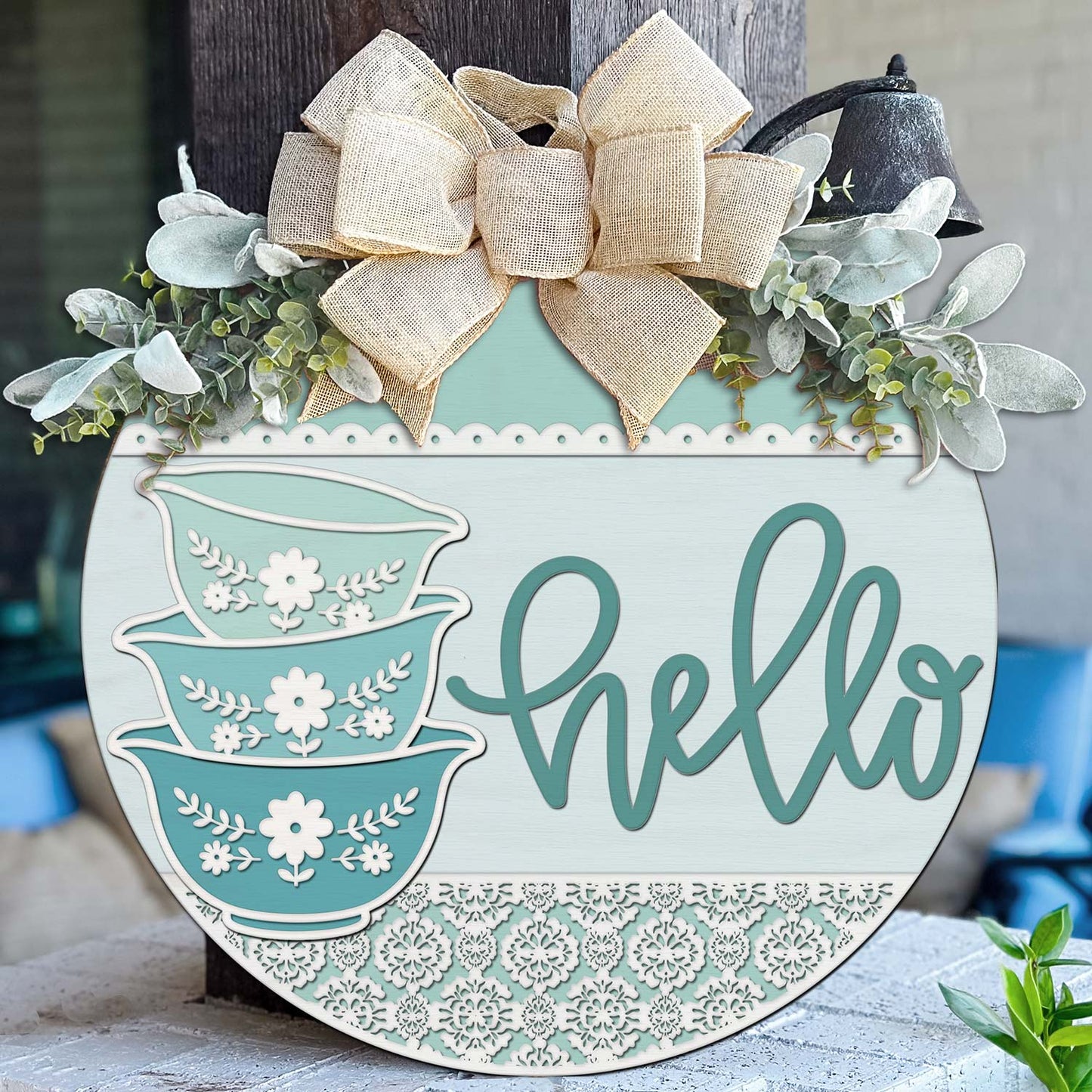 Vintage Mixing Bowl Hello Door Hanger - Glowforge