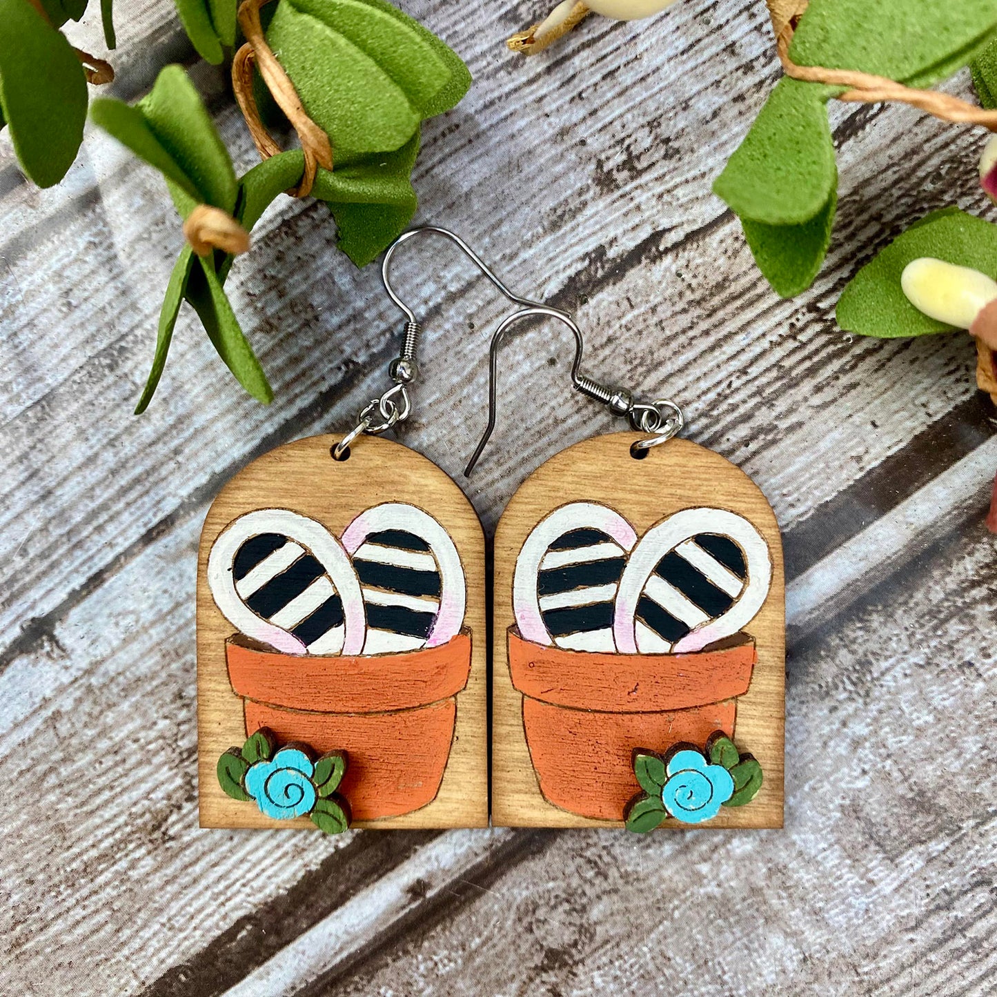 Whimsical Bunny in a Flower Pot Arch Earrings